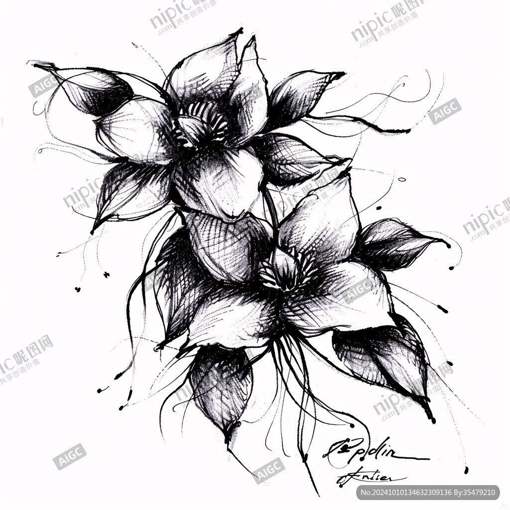 黑白手繪花