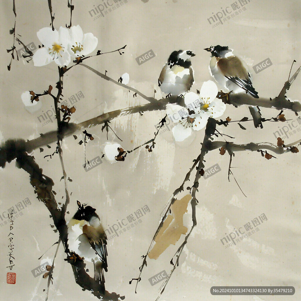 水彩梅花花鳥裝飾畫