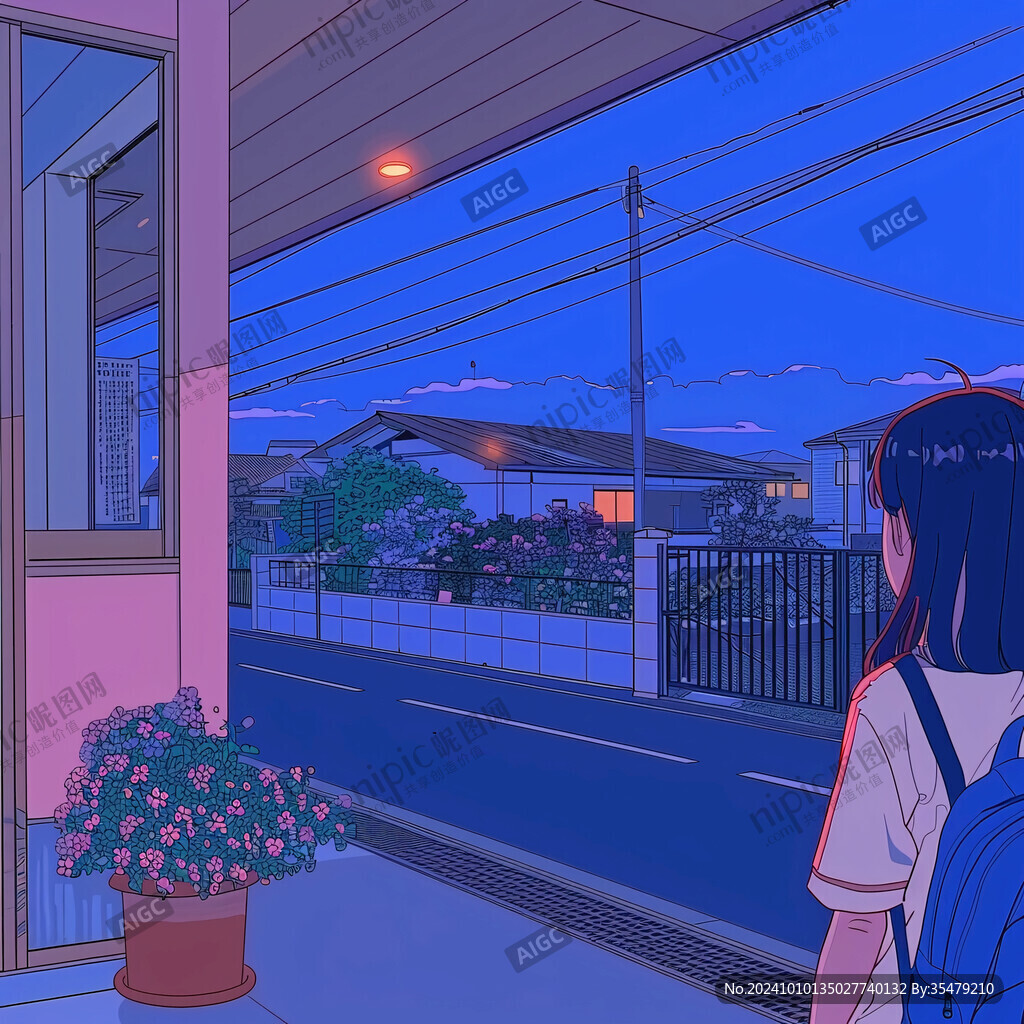 車站等車的女孩插畫