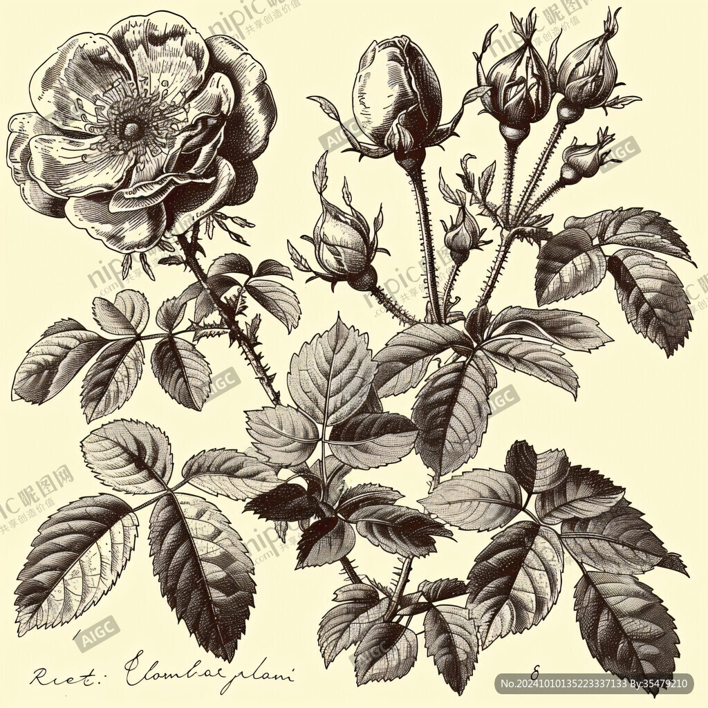 復(fù)古玫瑰花插畫(huà)版畫(huà)