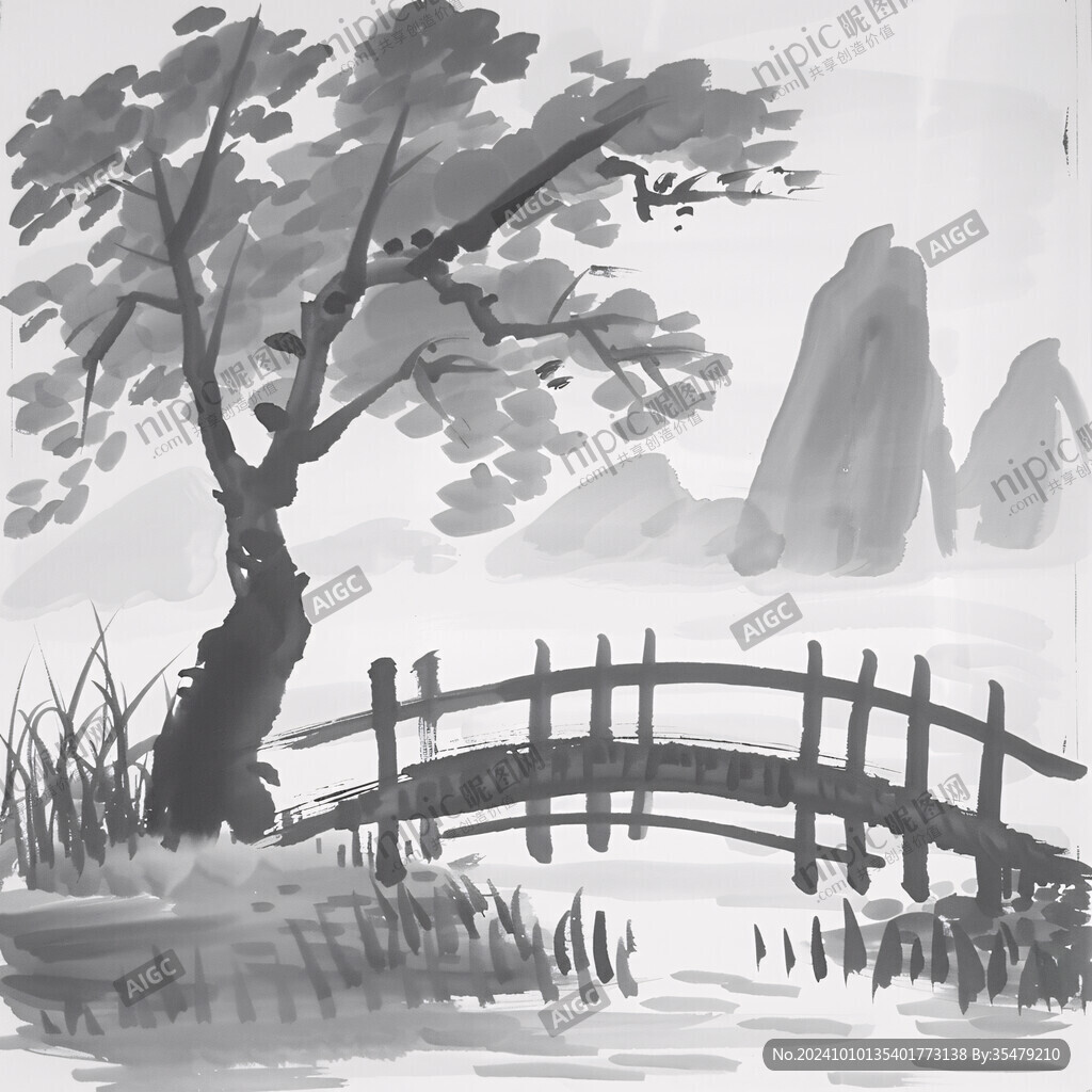 水榭樹木水粉畫