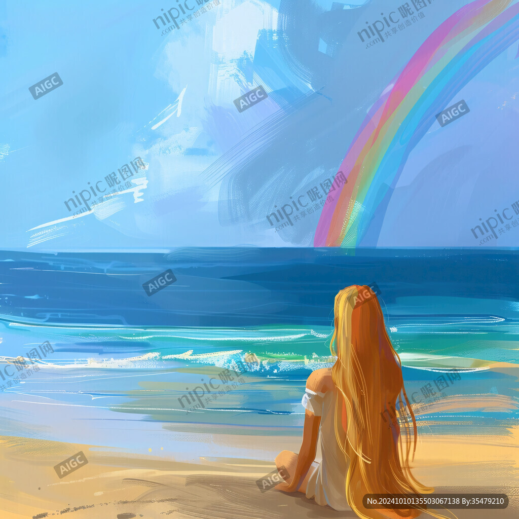 夏天看海美女背影插畫
