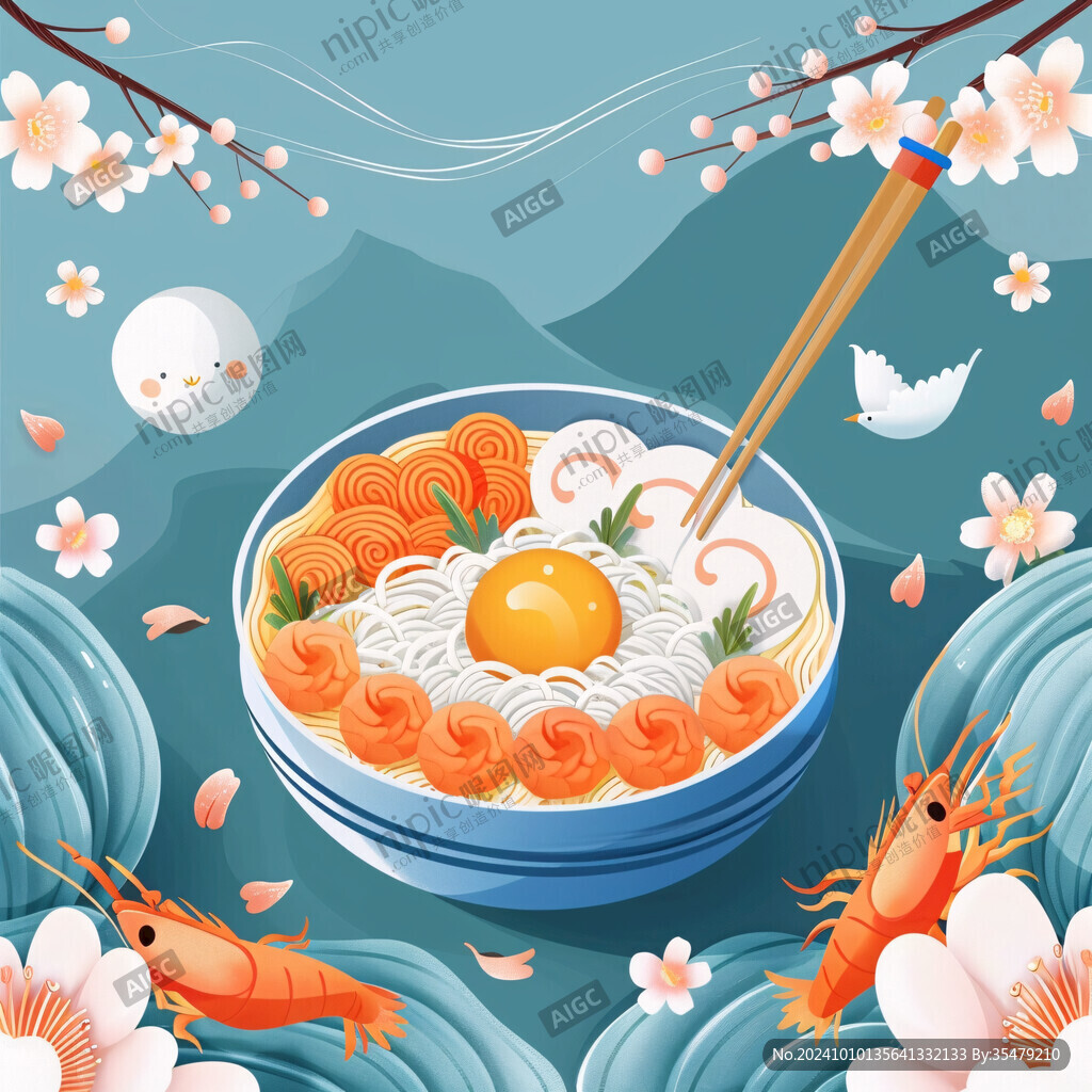 國潮海鮮面插畫