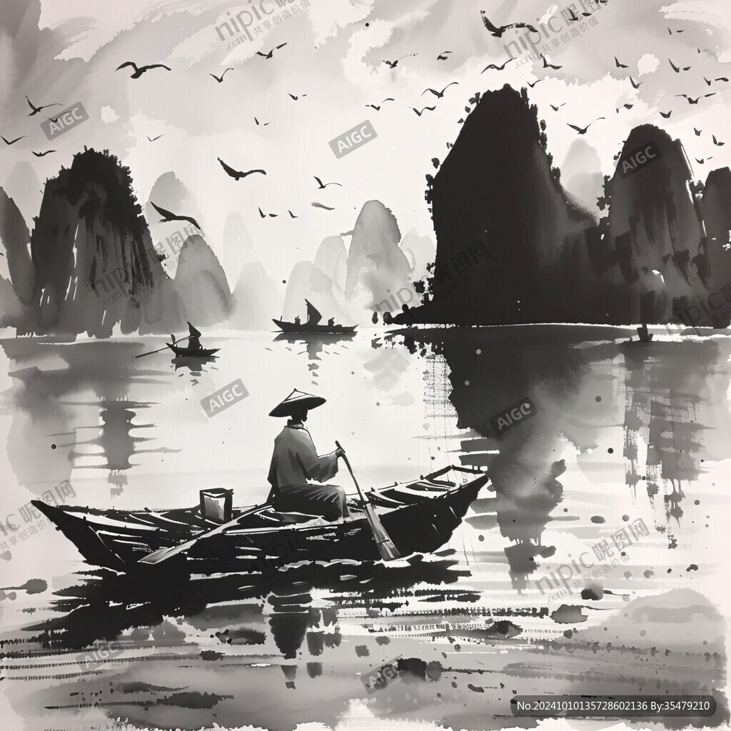 水墨漁夫垂釣水鄉