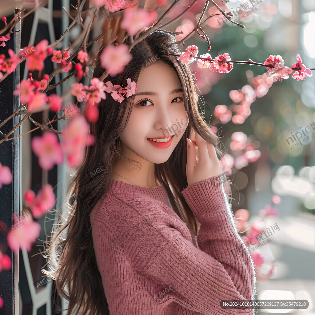 櫻花樹下的美女