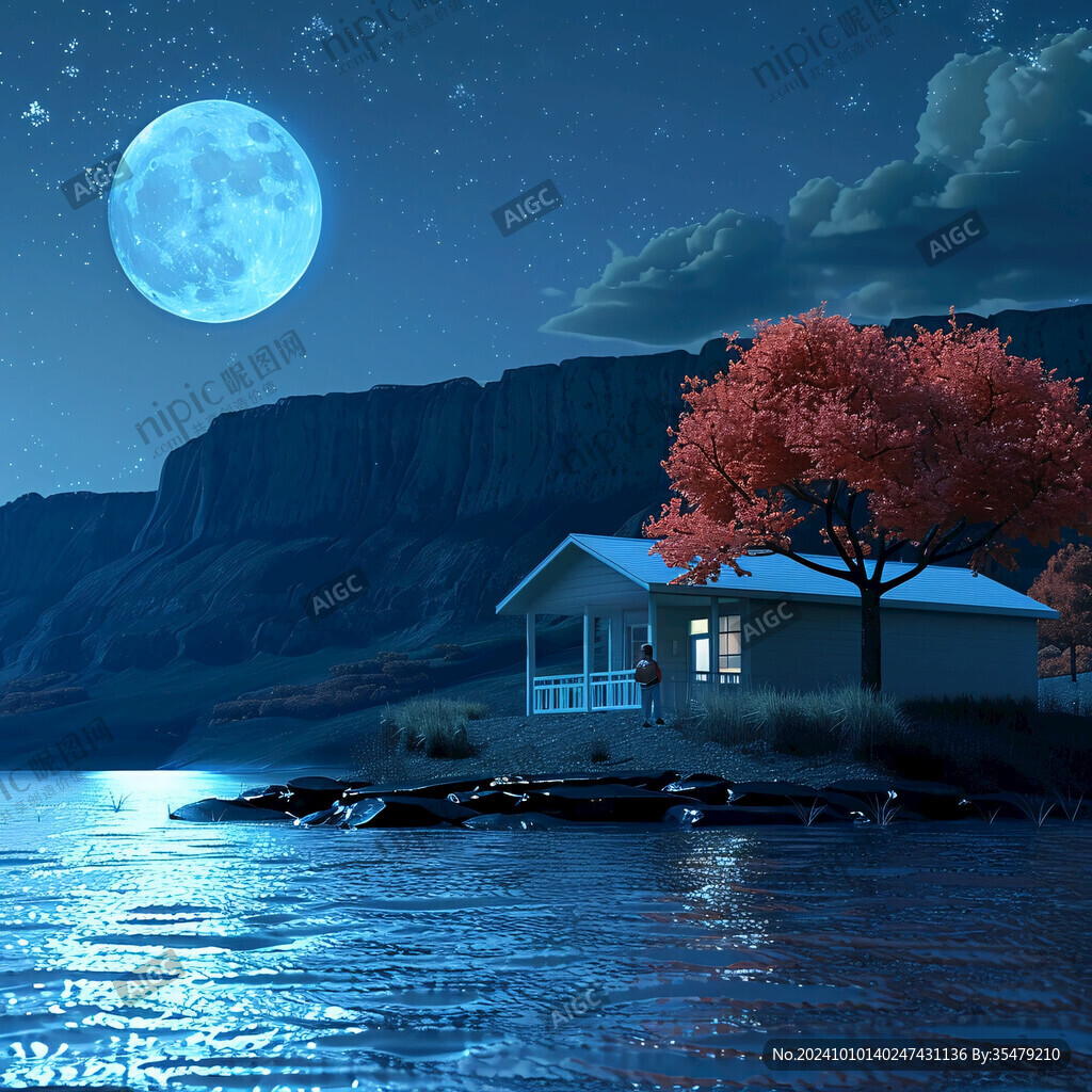插畫夜景湖泊