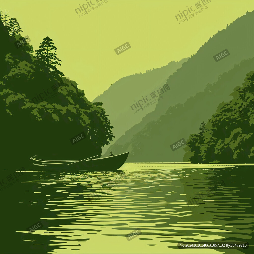 溪流小船白鶴落日山巒