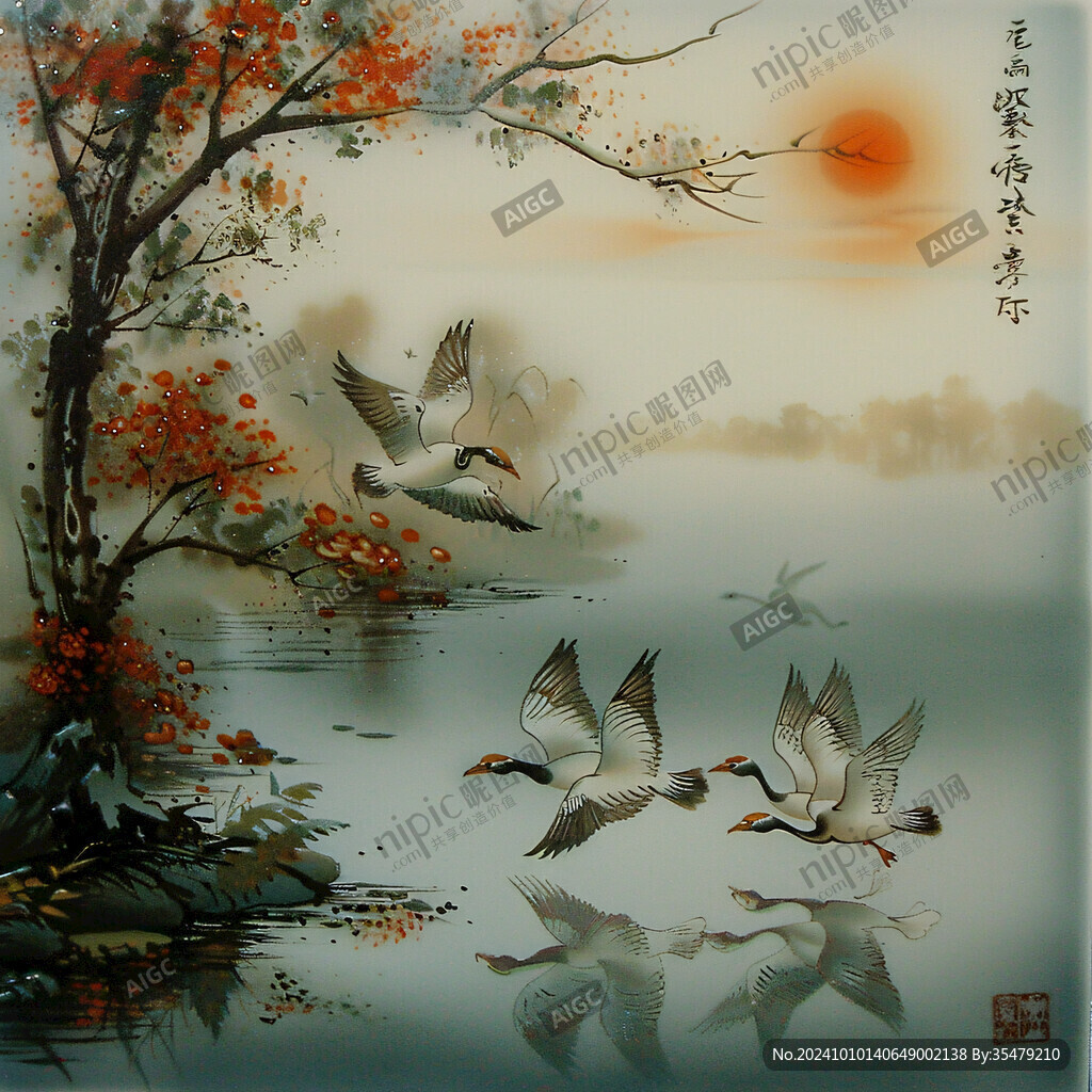 移門工筆畫冰晶畫鴛鴦