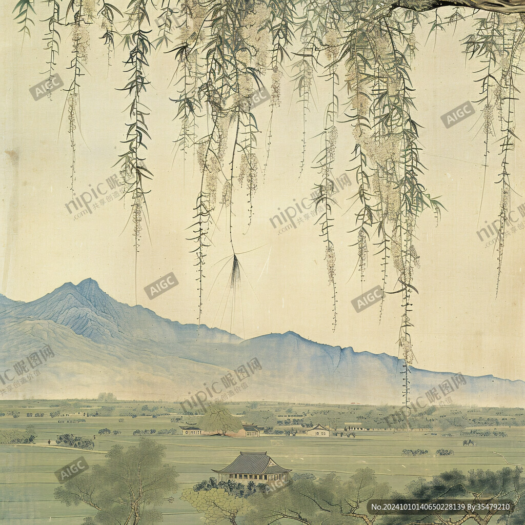 手繪垂柳山水