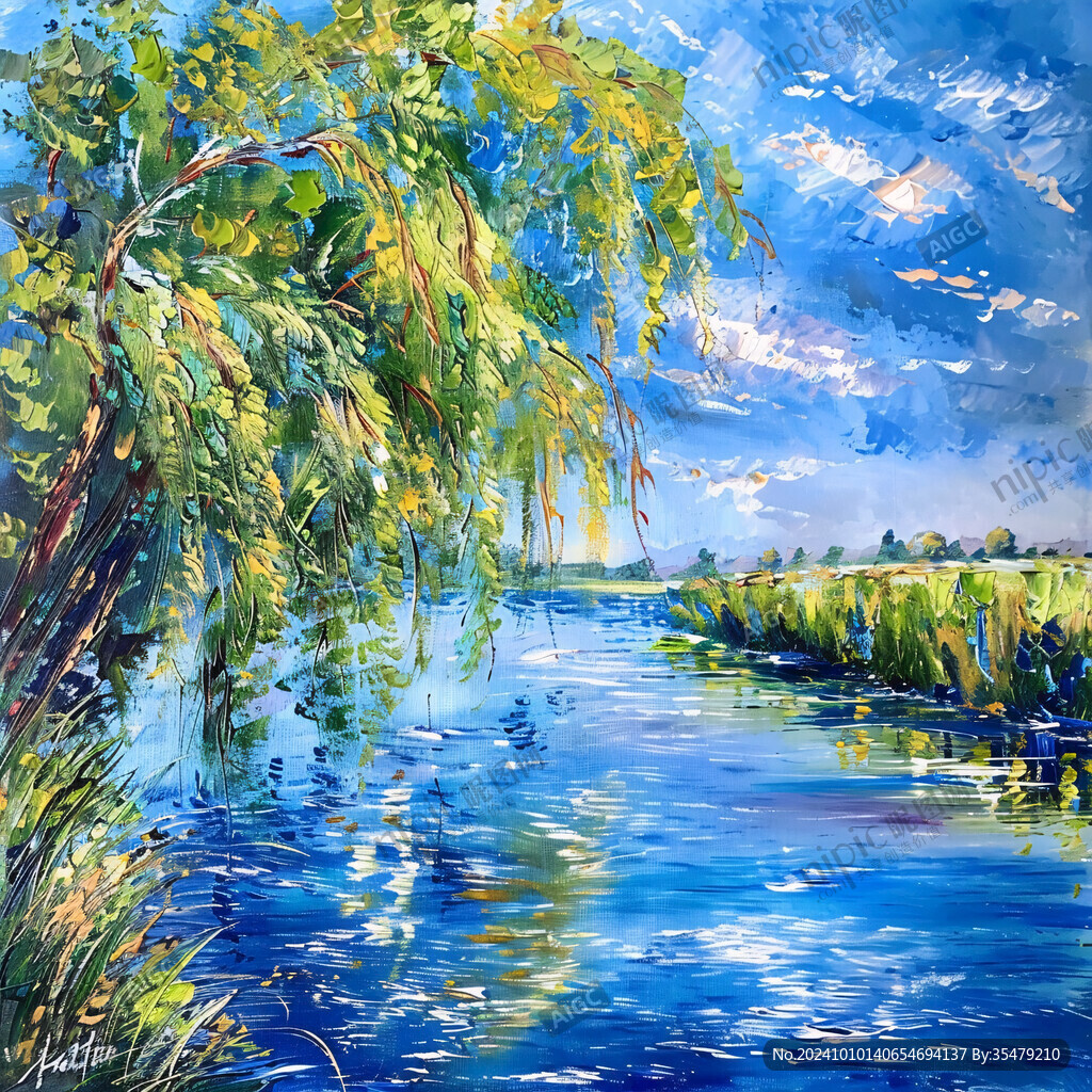 水邊美景油畫