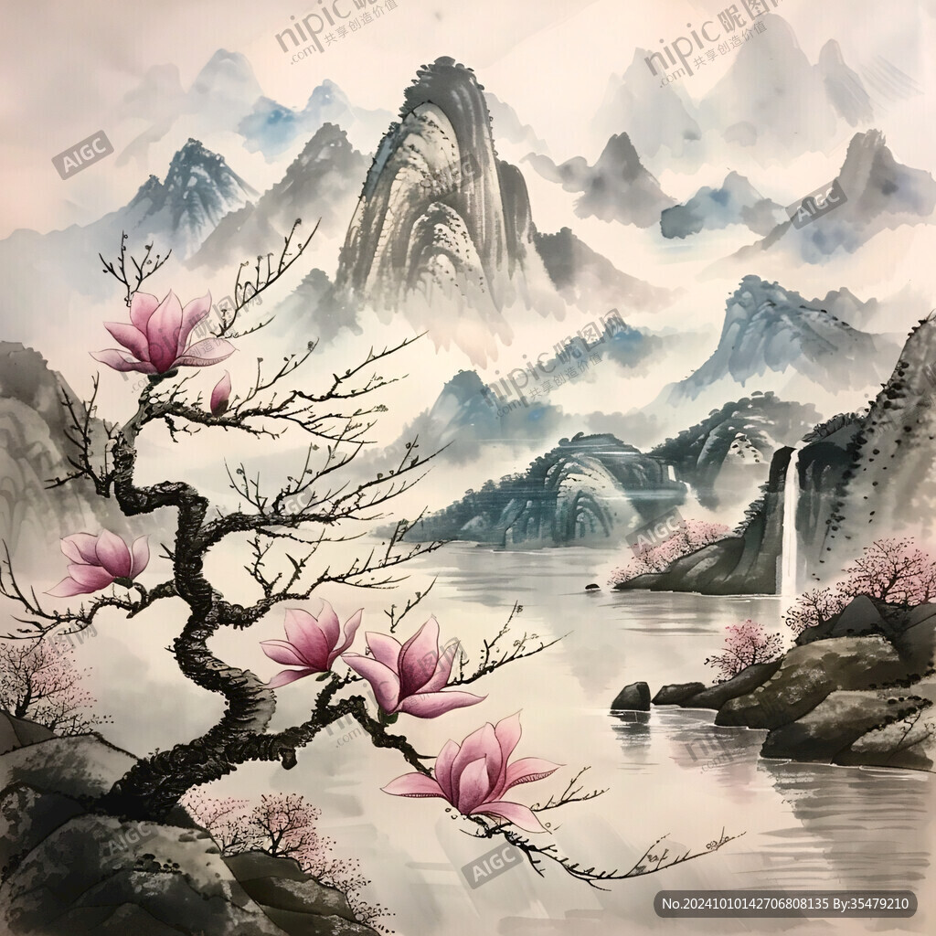 彩鉛梅花國畫山水