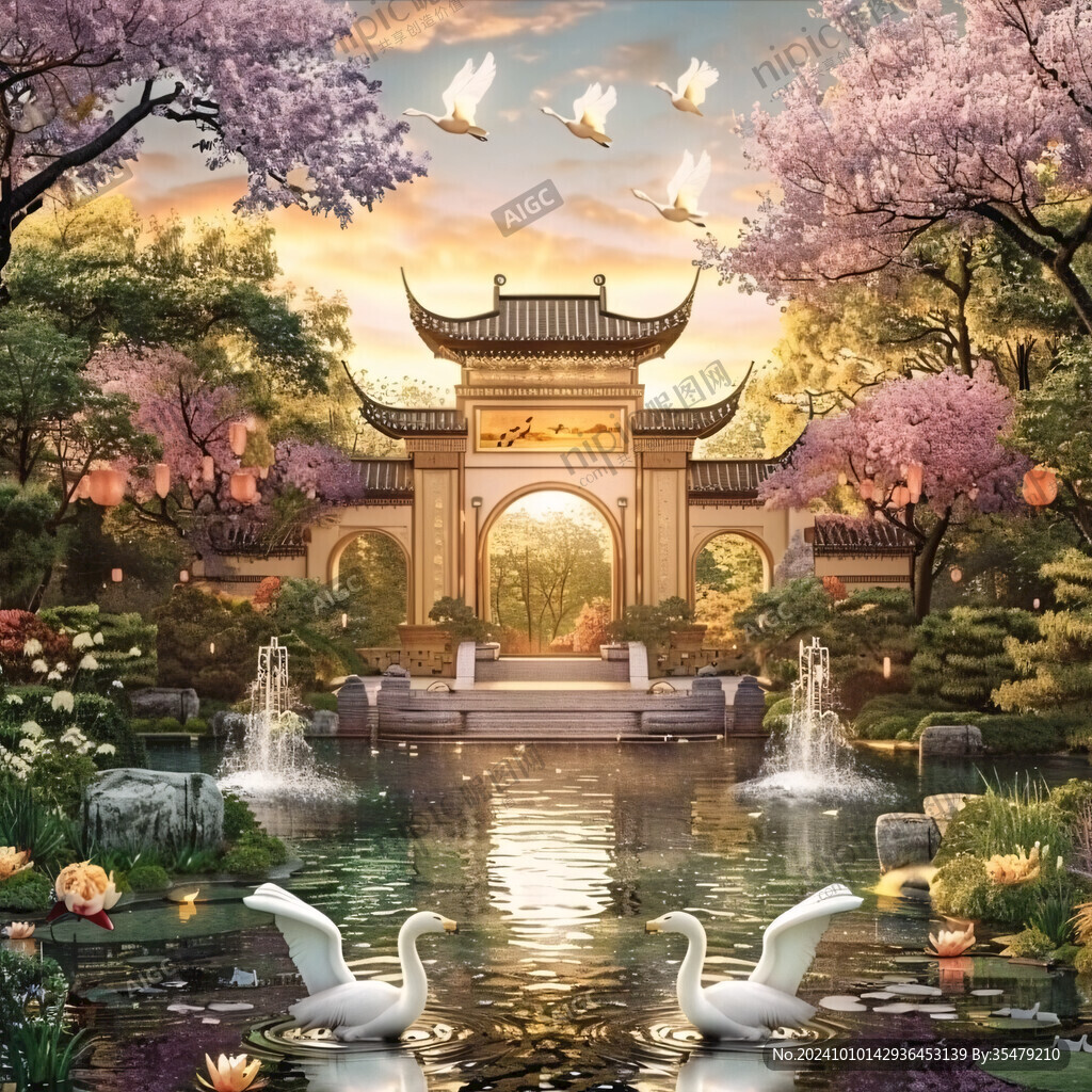仙鶴樓閣皇宮背景墻