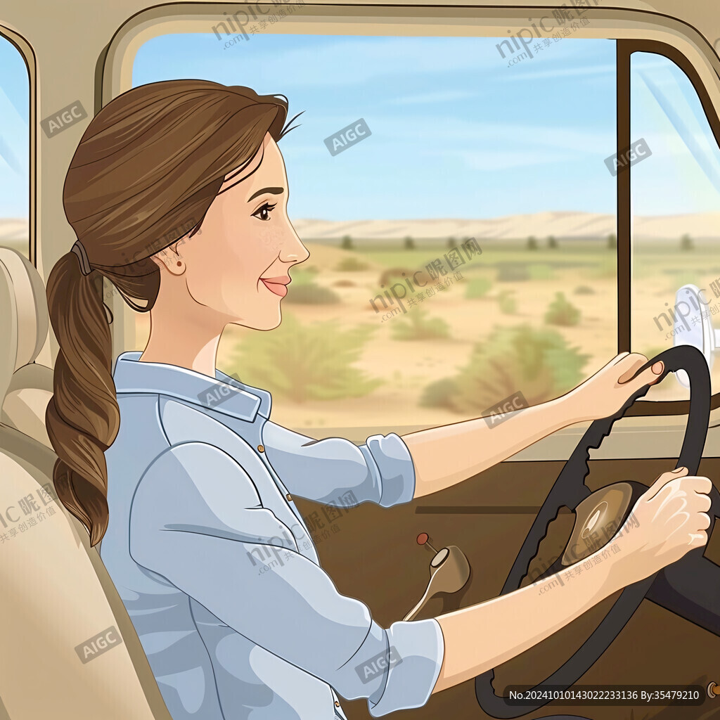 手繪女孩坐車