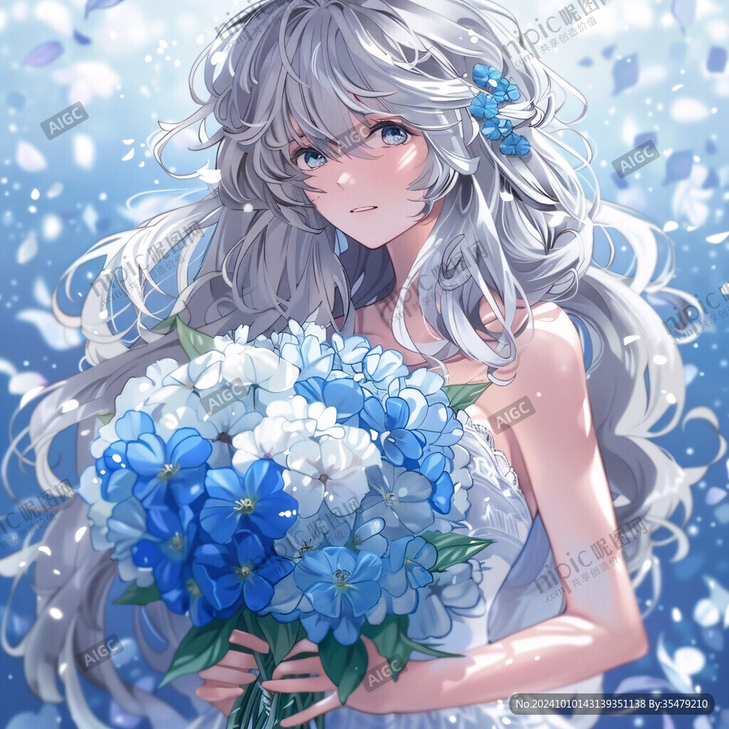 捧花藍的女孩插畫