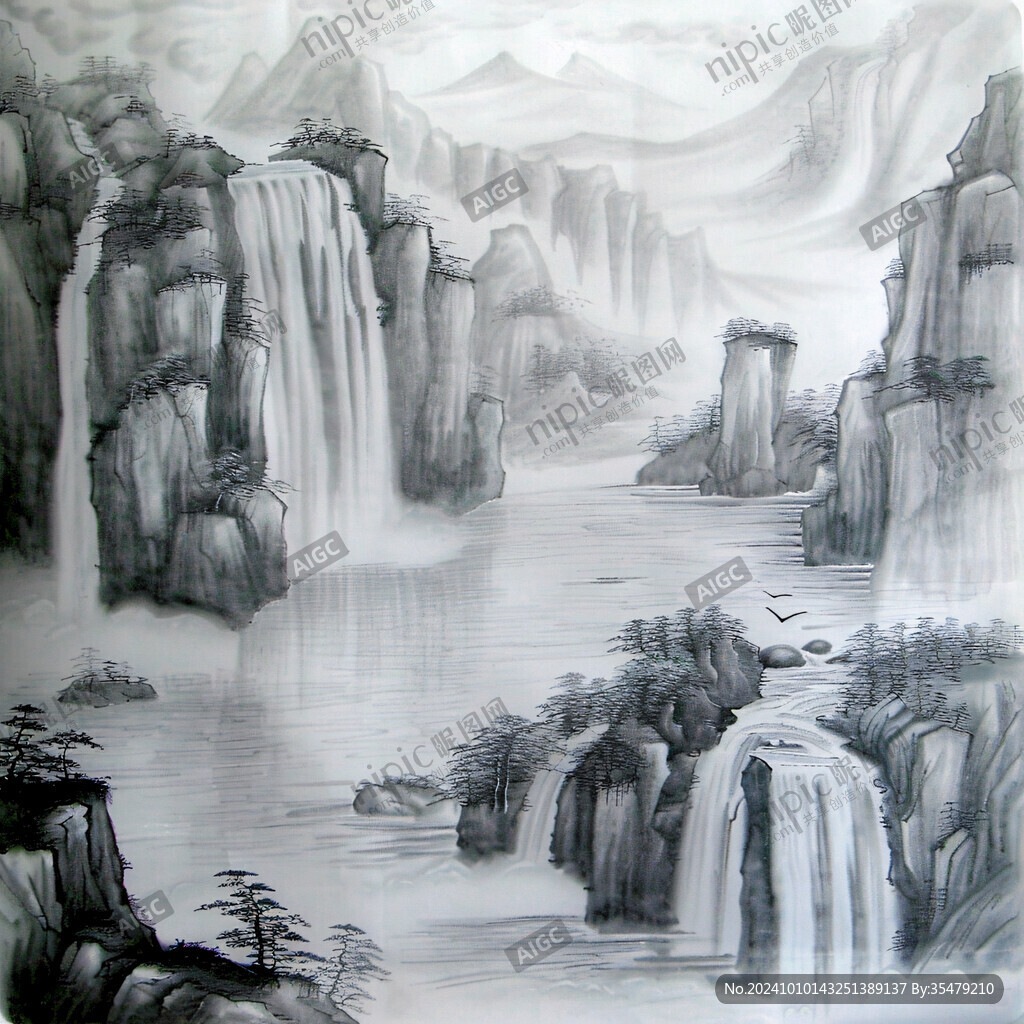水畫手繪風(fēng)景畫