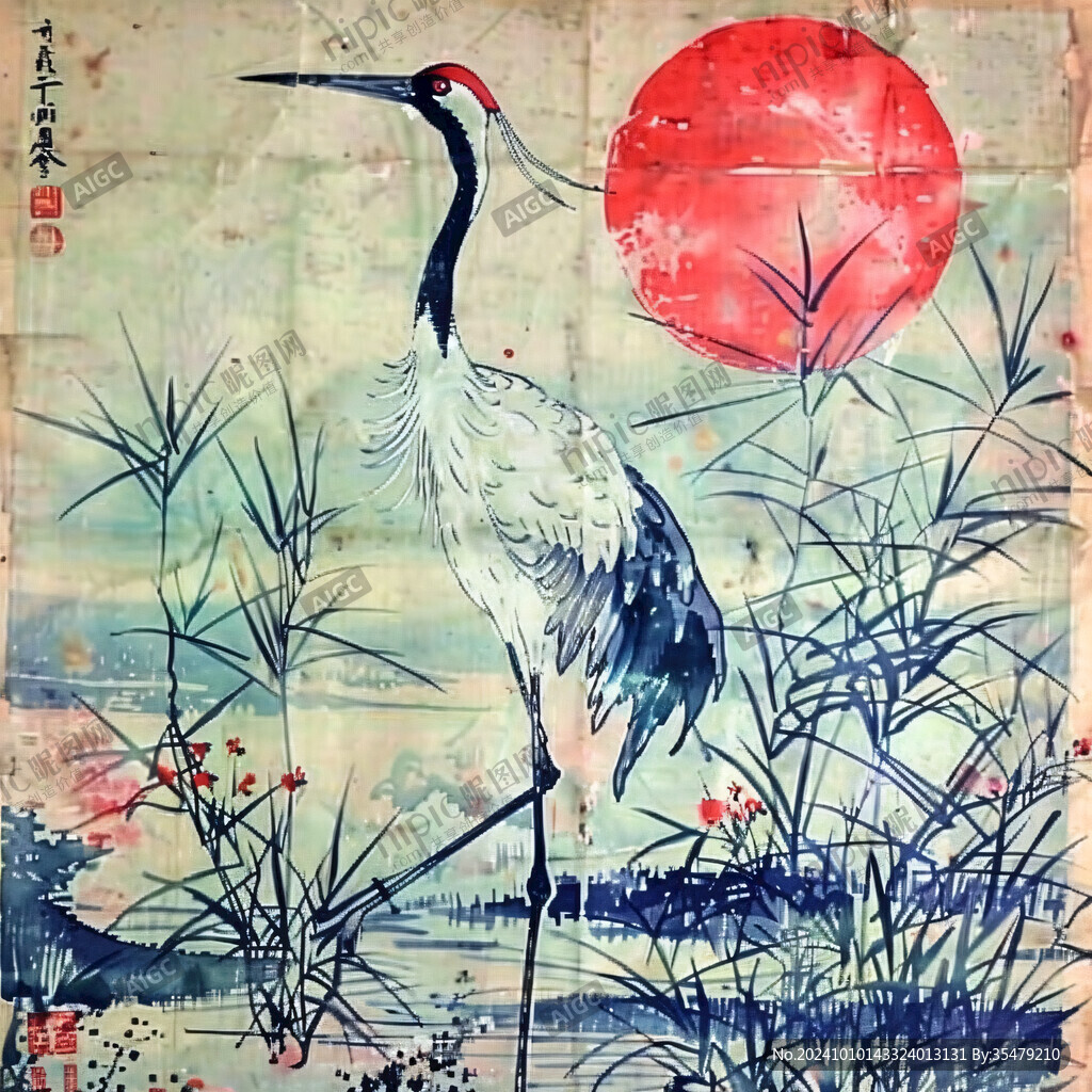 仙鶴紅日國畫