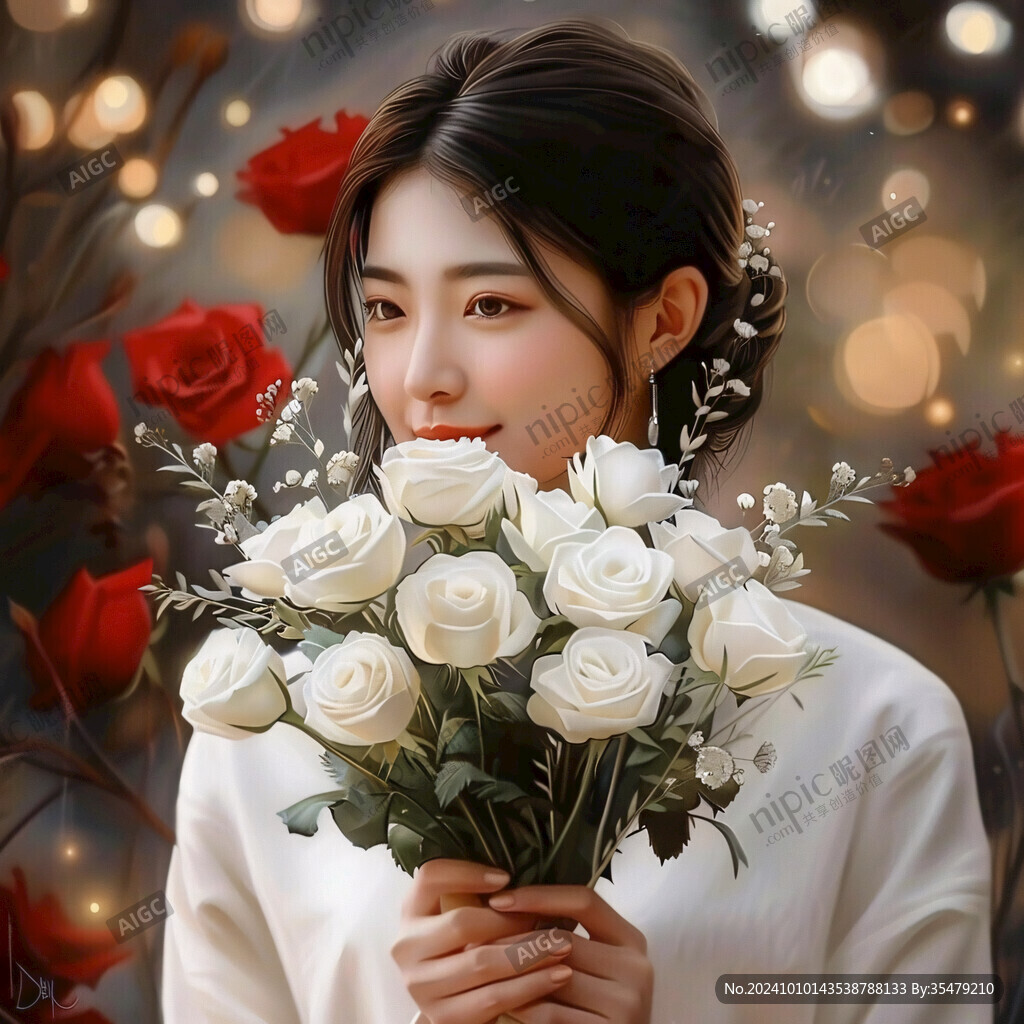 拿著玫瑰花的少女