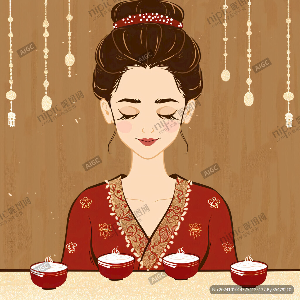 喝茶的旗袍美女插畫(huà)
