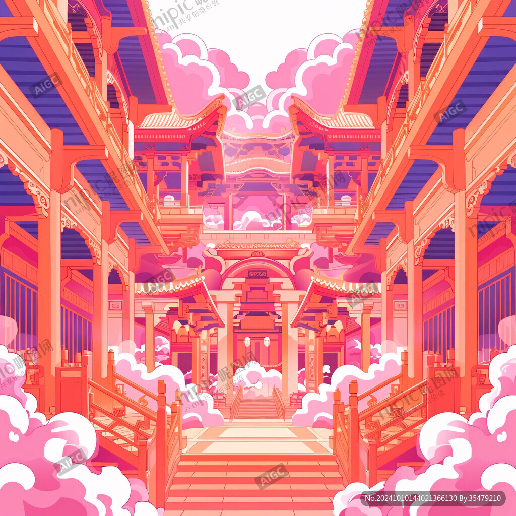 幻想粉紅宮殿插畫