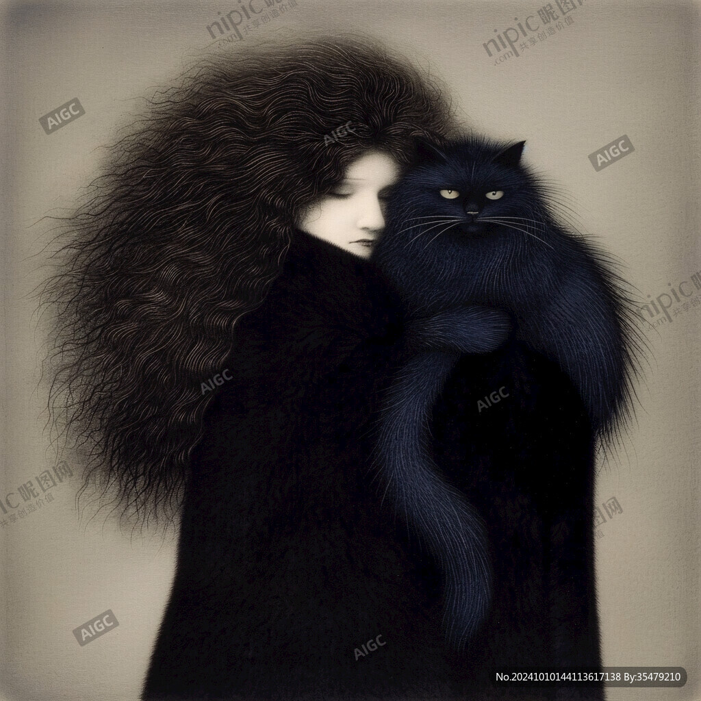 抱貓美女貓插畫