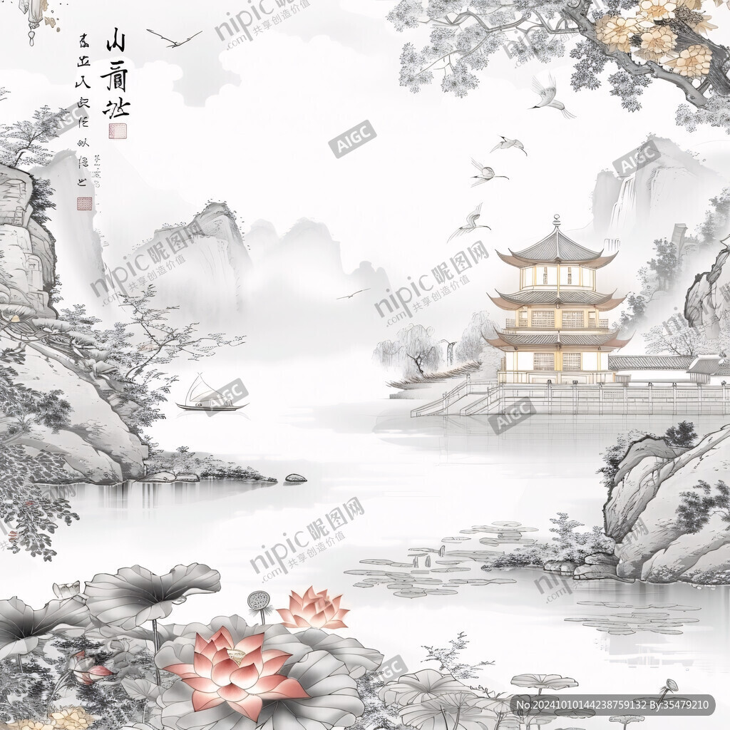 新中式樓閣山水