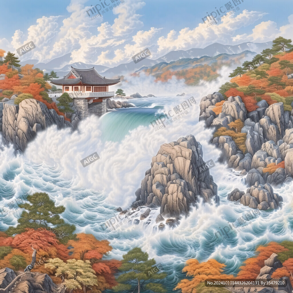 手繪青綠山水秋景