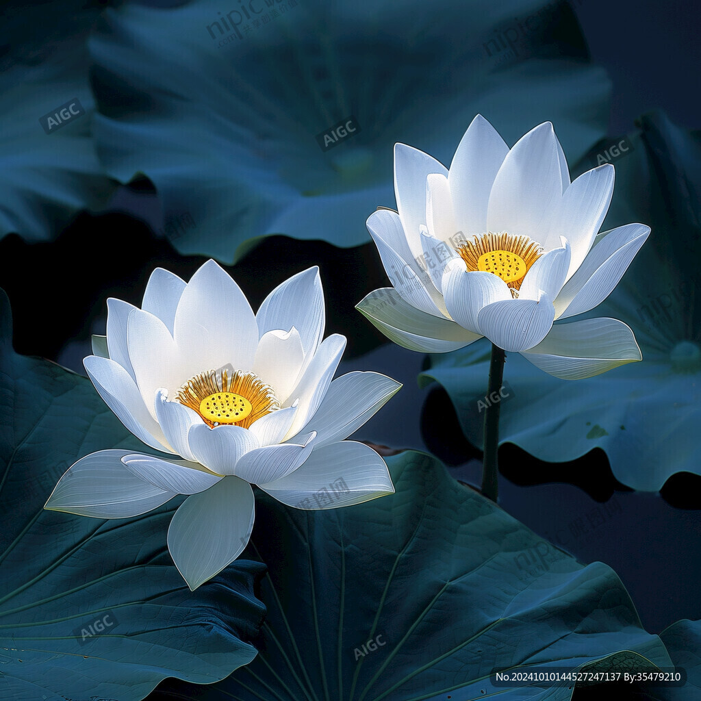深藍背景荷花圖