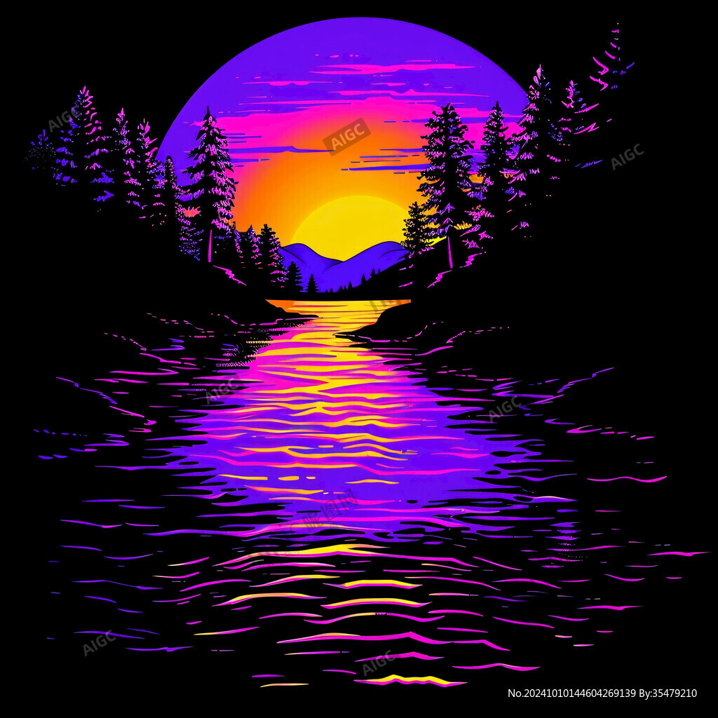 插畫夜景湖泊