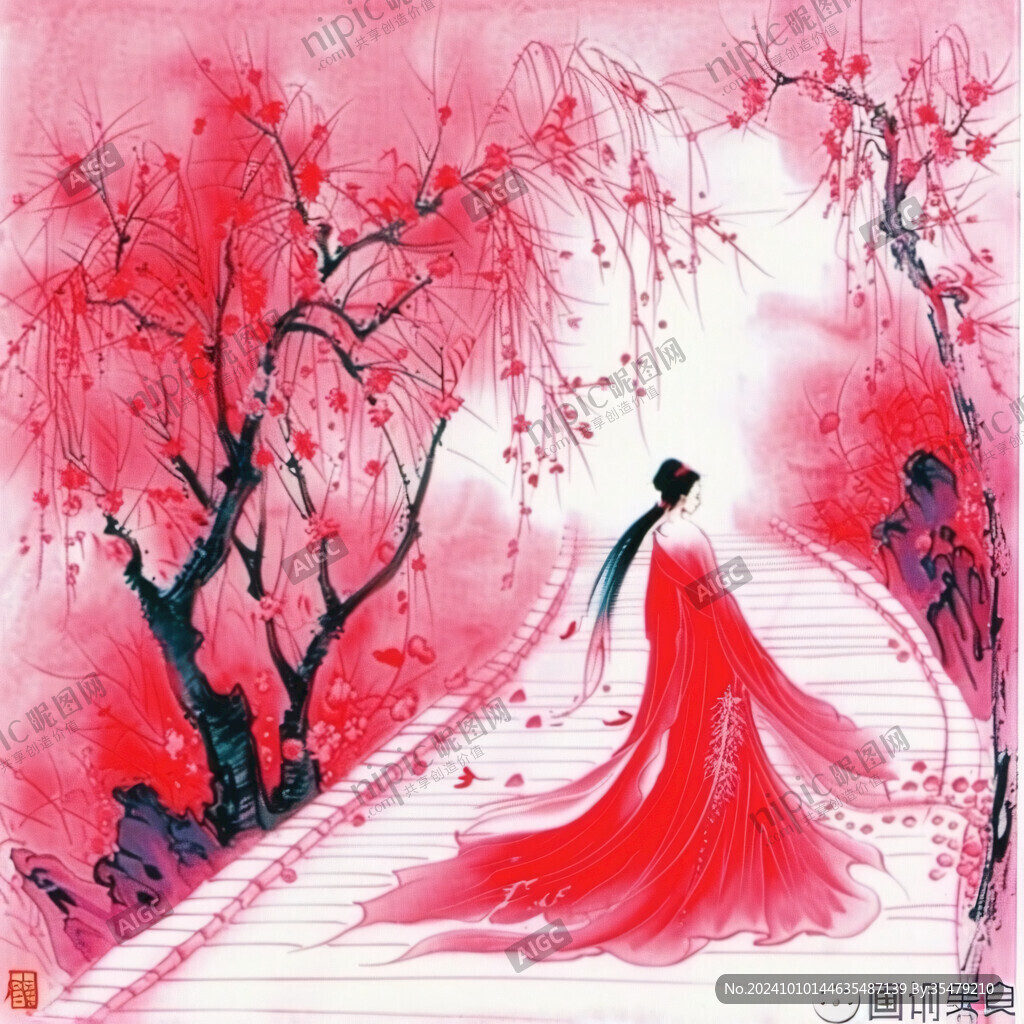 粉衫仕女紅裙女子