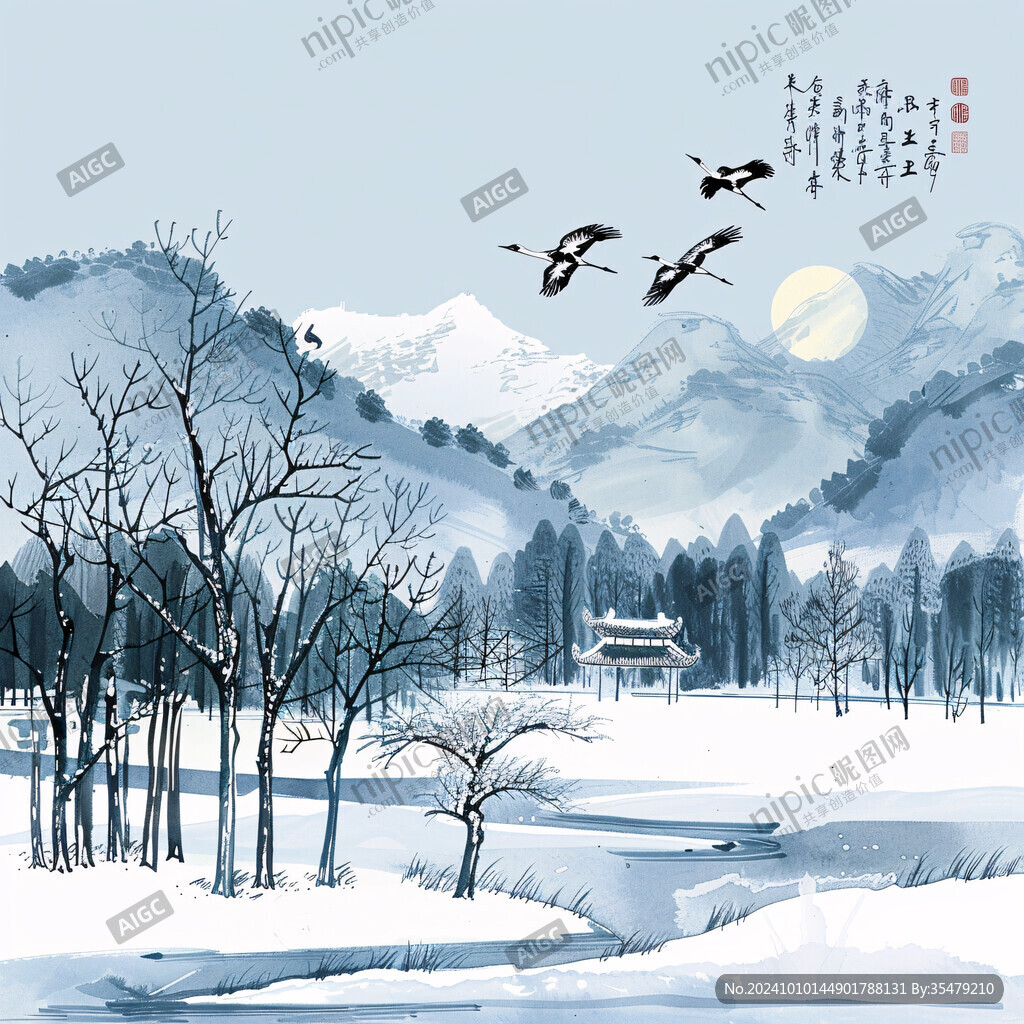 雪景山水插畫