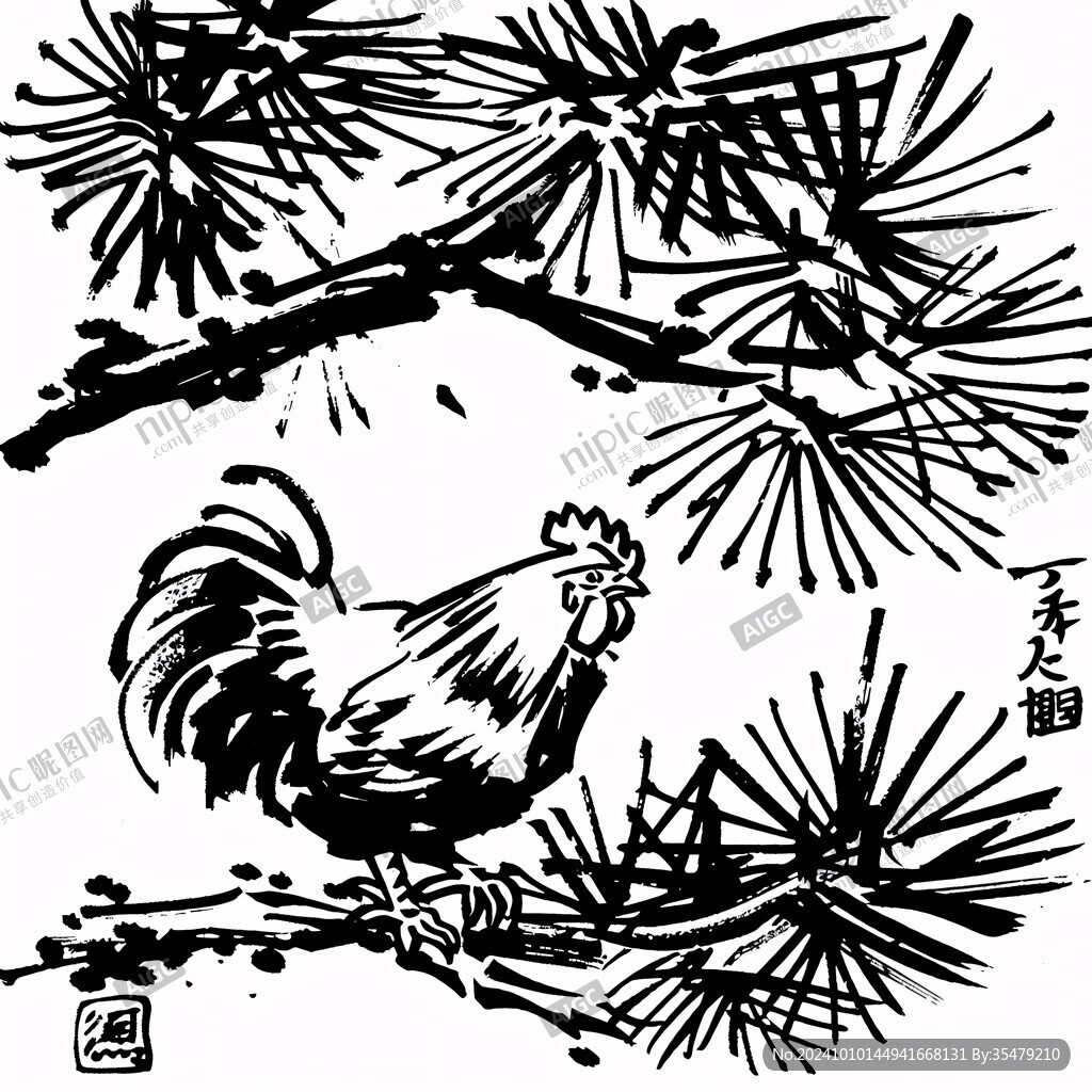 雄雞松樹圖