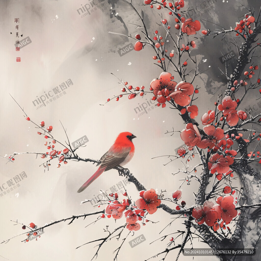 紅梅花鳥山水