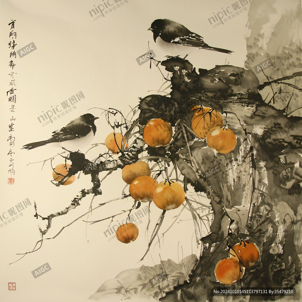 國畫柿子花鳥