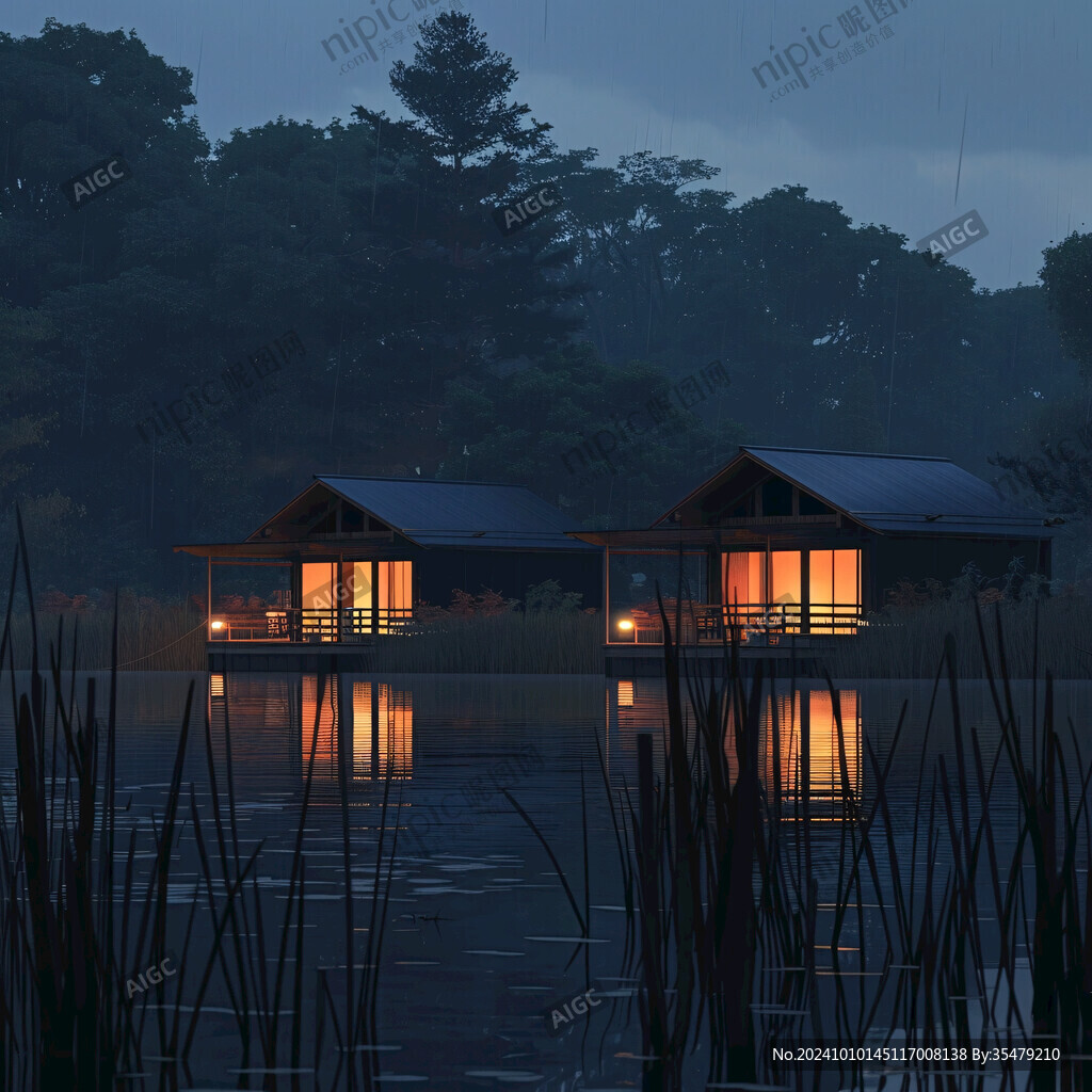 森林小木屋夜景