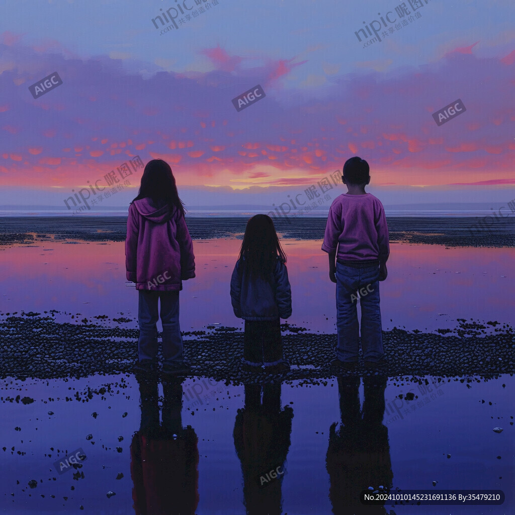 海邊人物背影早霞