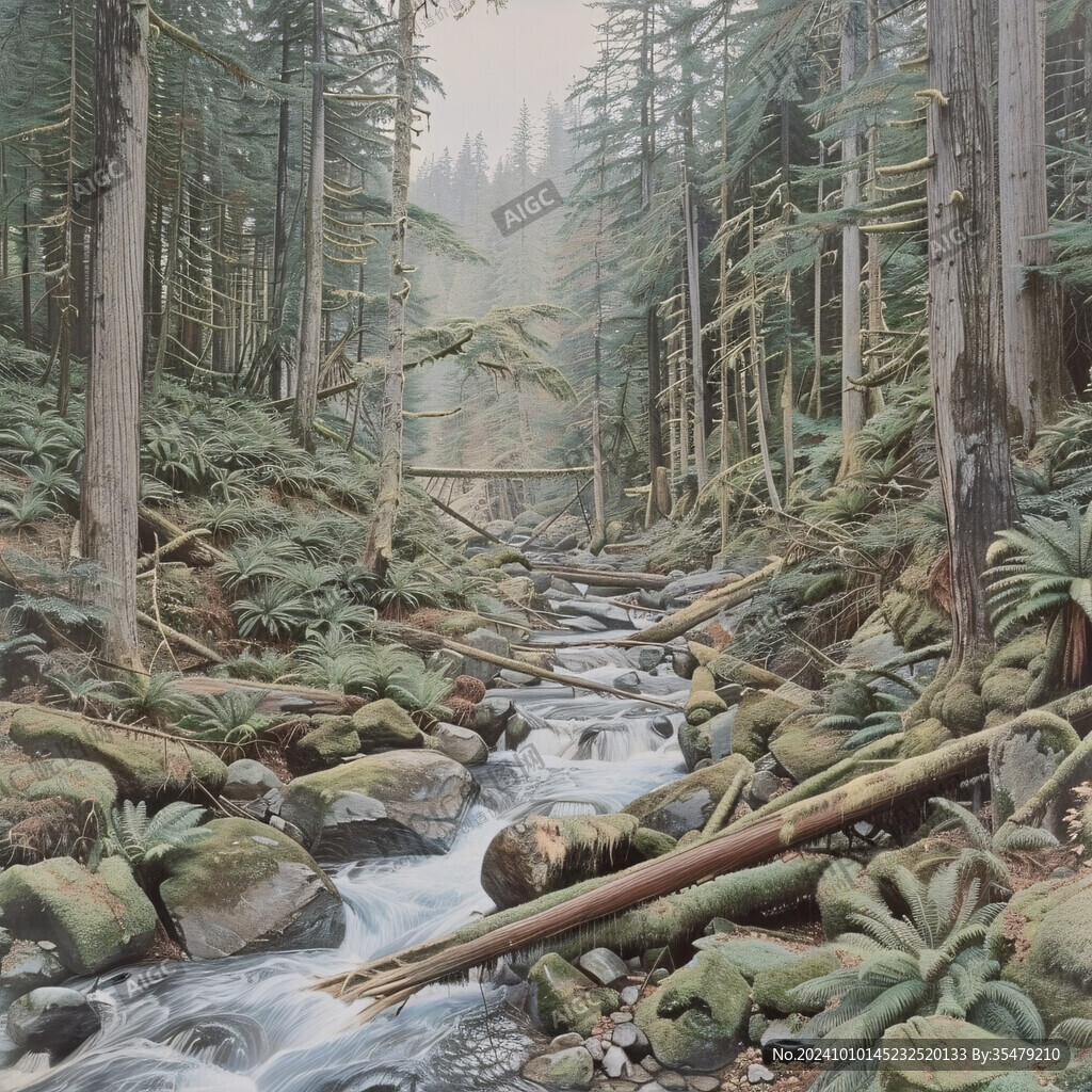 森林小溪油畫