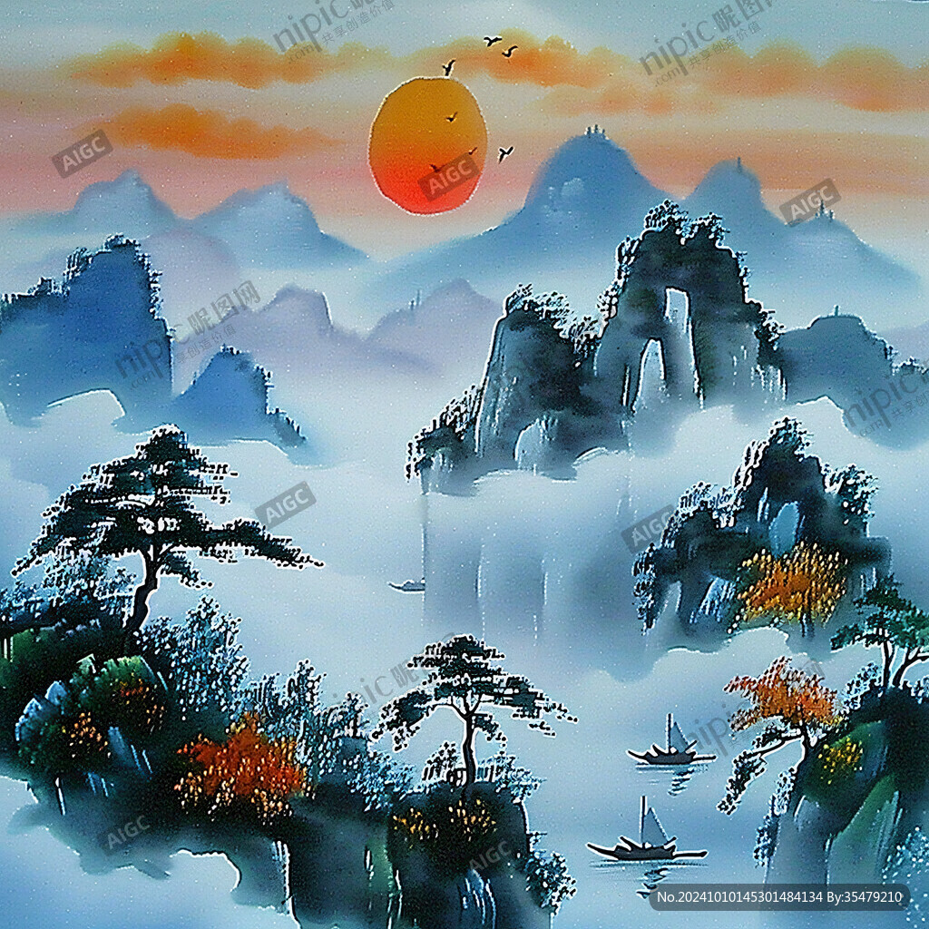 旭日東升山水