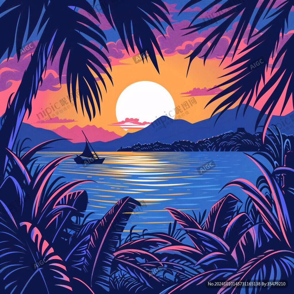 海邊落日插畫