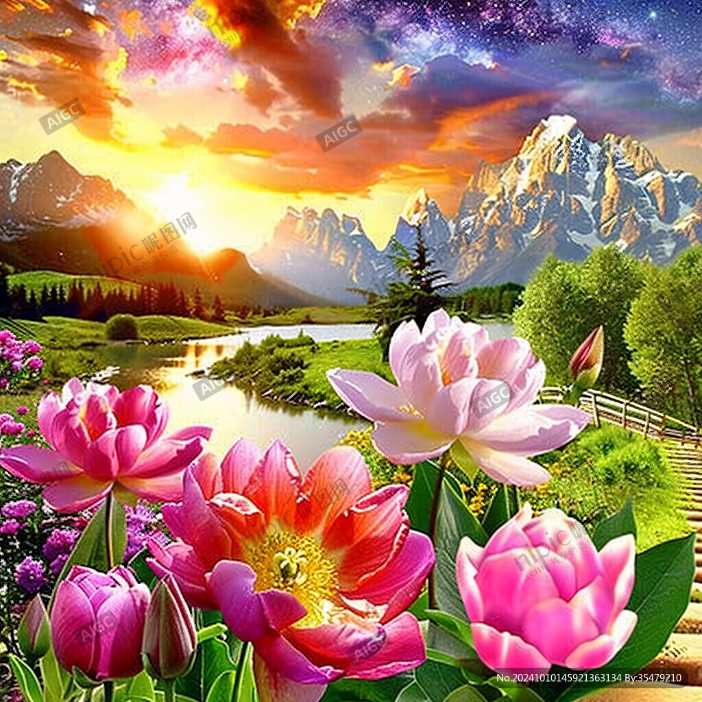 山水畫風景畫花開富貴