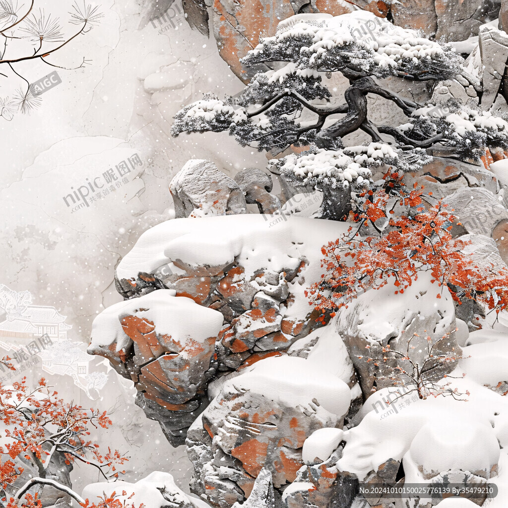 庭院松樹假山石雪景