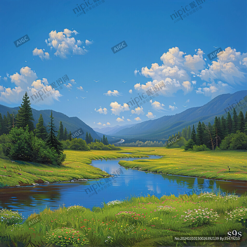 藍天草地河流