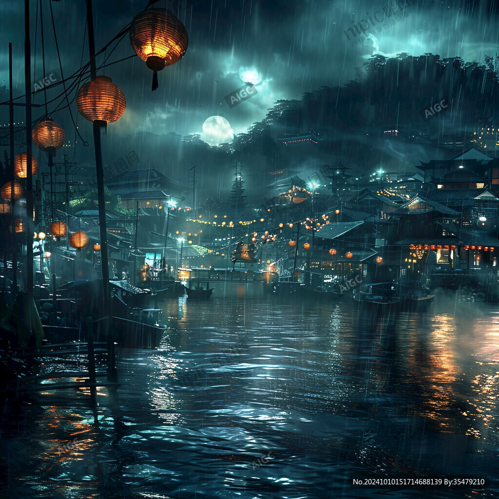 古鎮雨天夜景