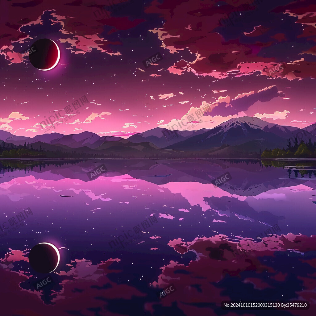 插畫夜景湖泊