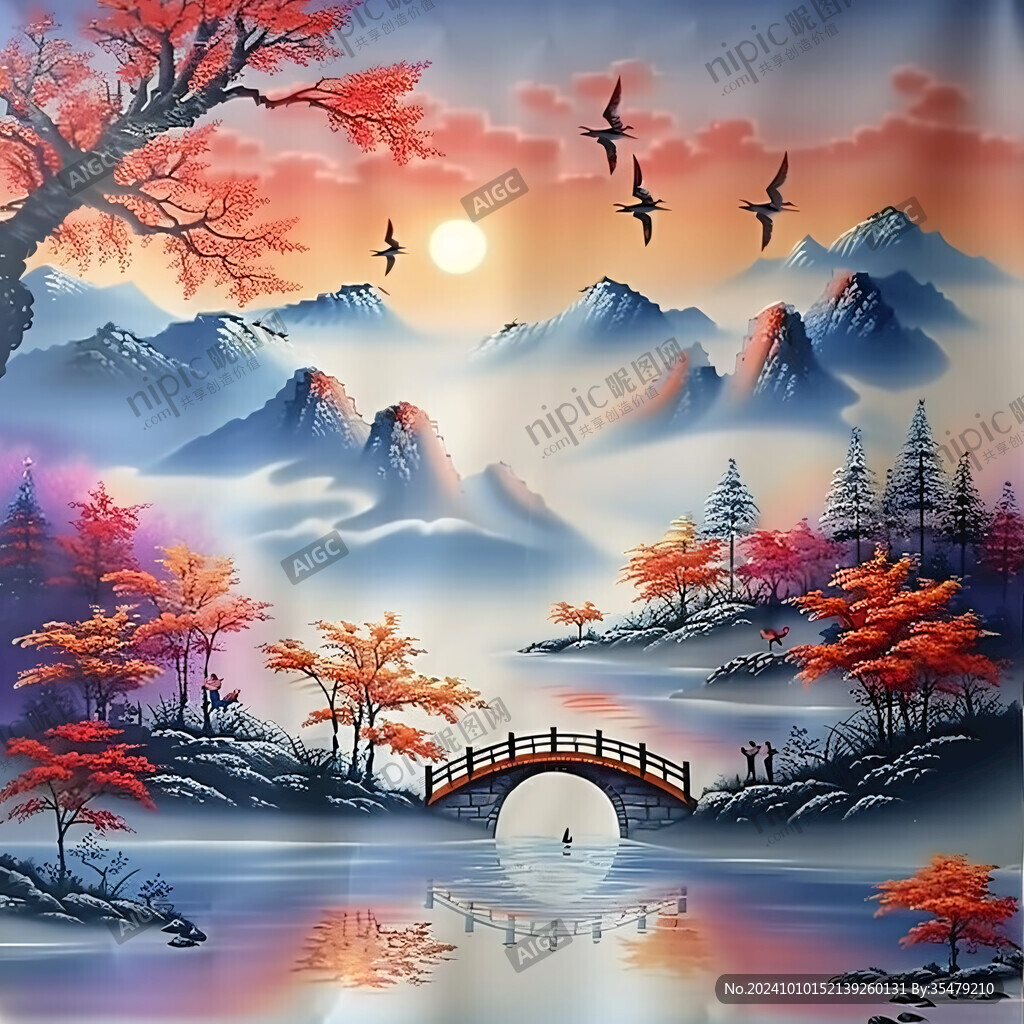 新中式國(guó)潮紅葉山水