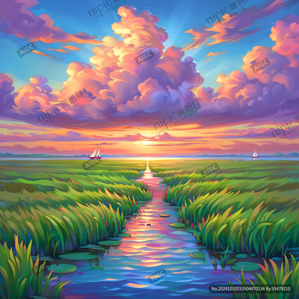 草地小河夕陽