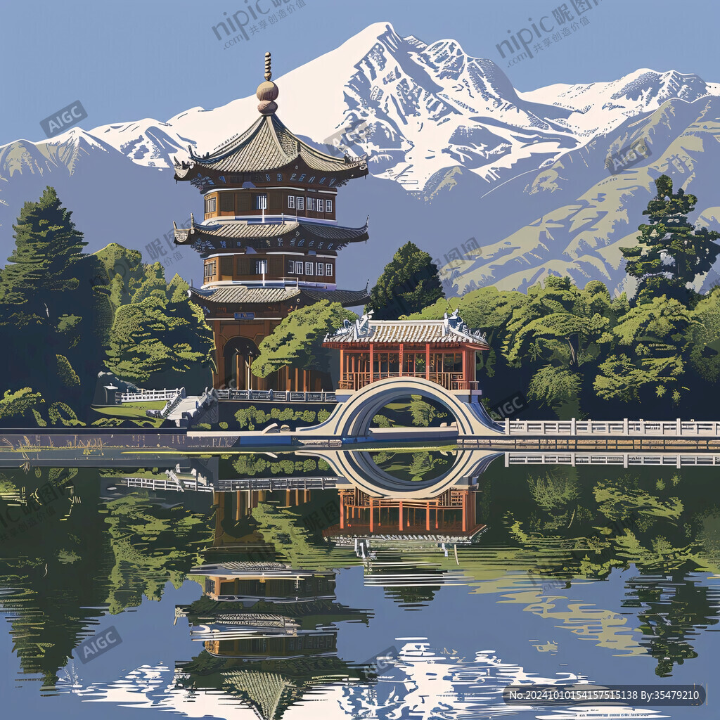 古建筑湖邊觀景塔