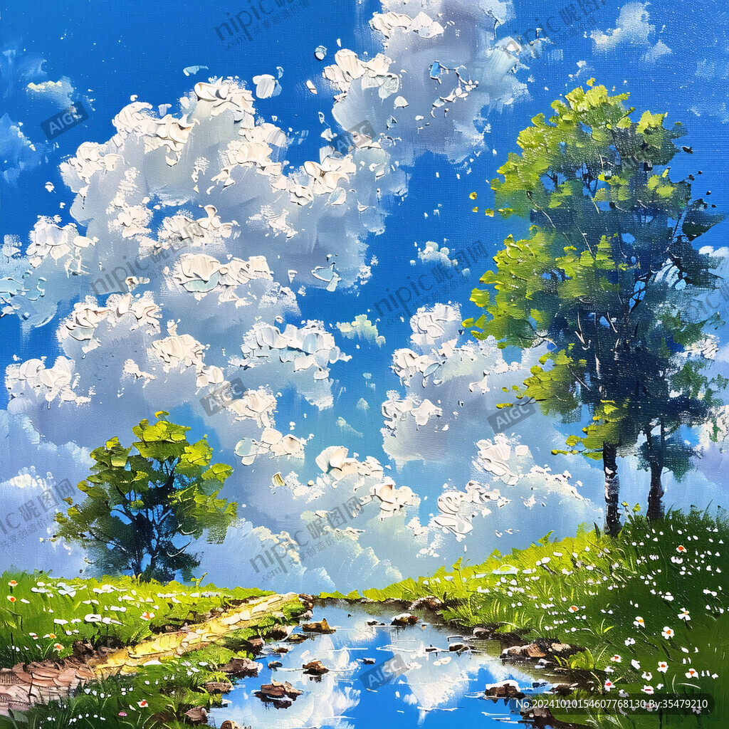 藍天白云大樹小路油畫