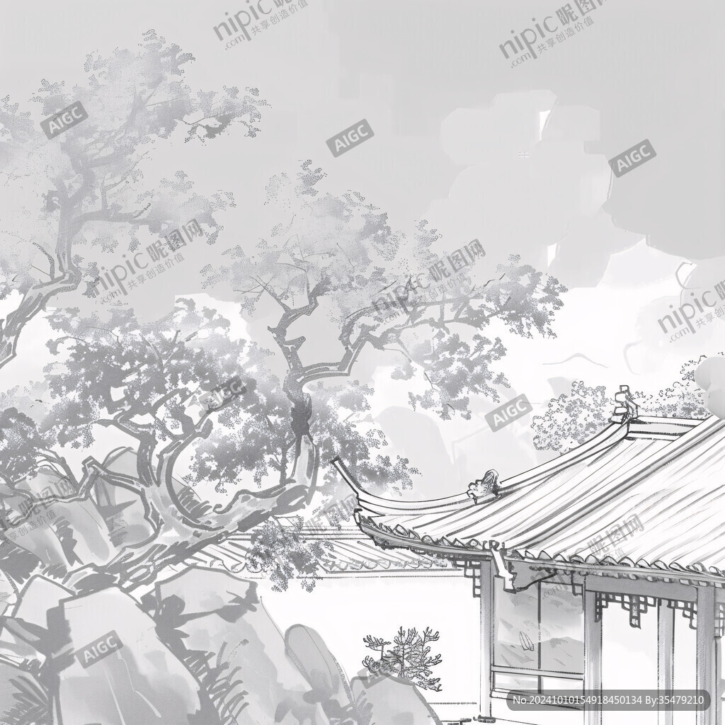手繪閣樓皇宮梅花插畫