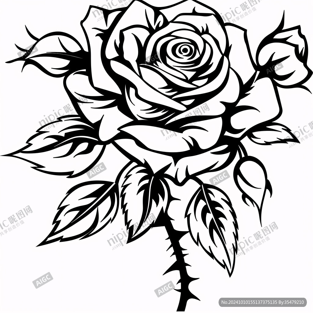 玫瑰花黑白線描畫