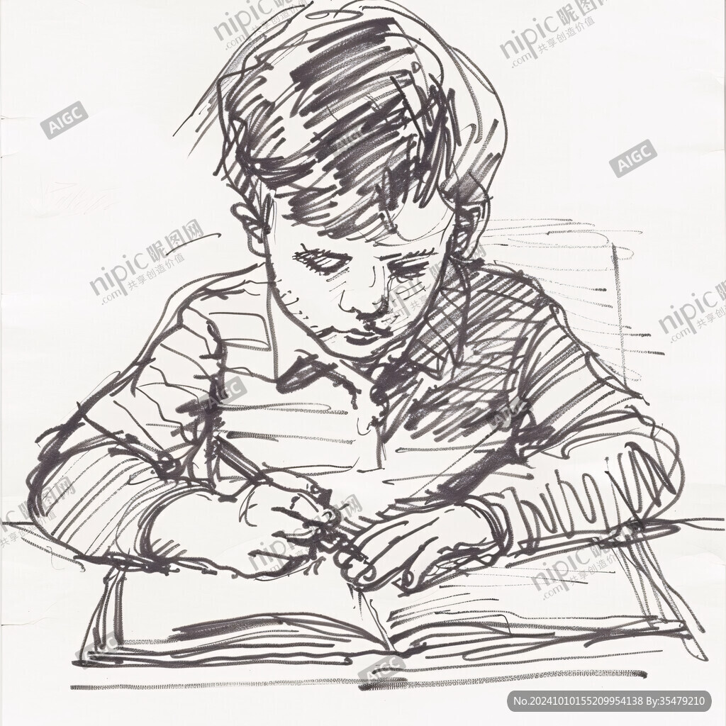 手繪讀書小男孩